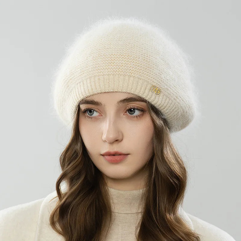 Beret Women Winter Angora Knit Hat Double Layers Casual