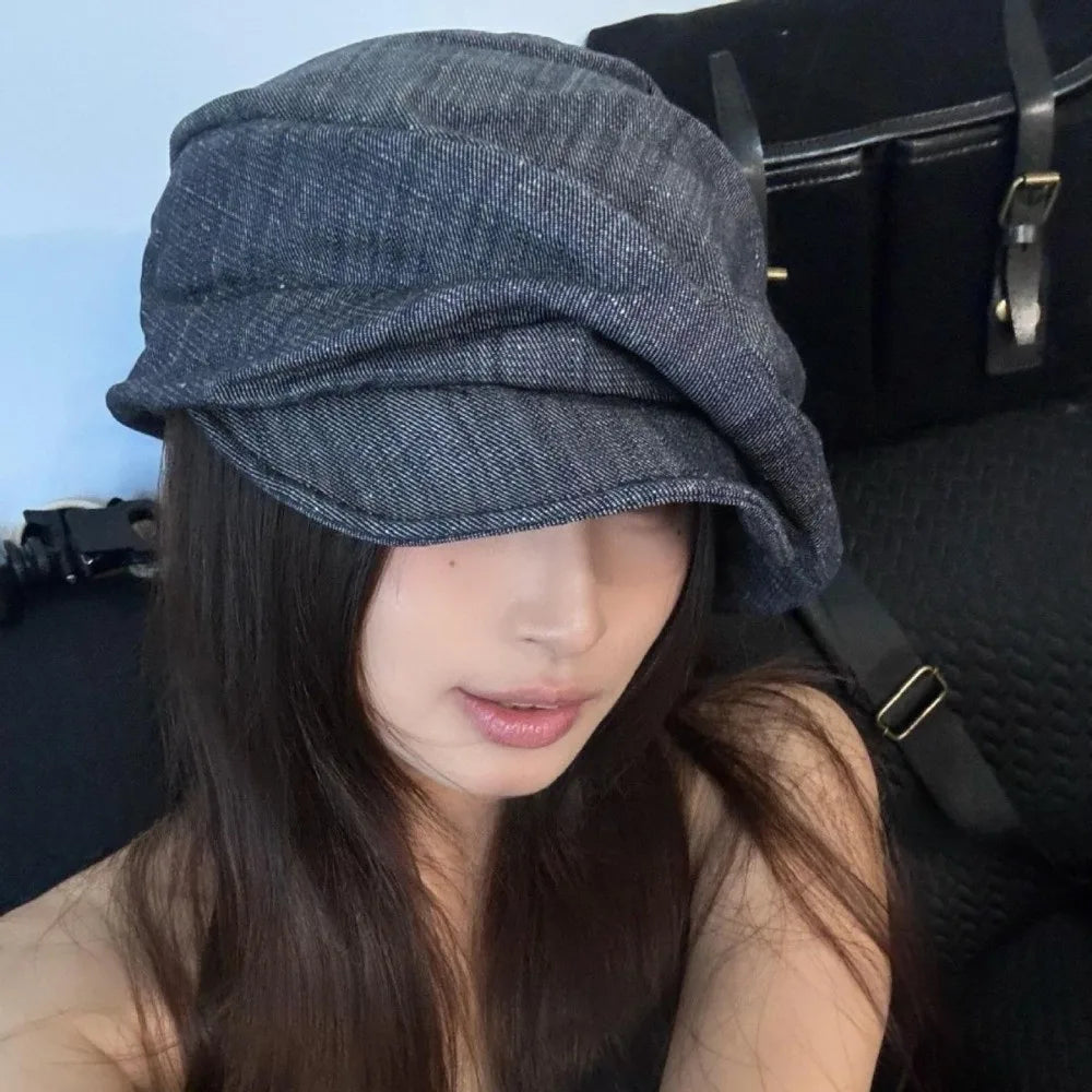 Vintage Japanese Denim Beret Cloth Cloud Octagonal Cap Big Head