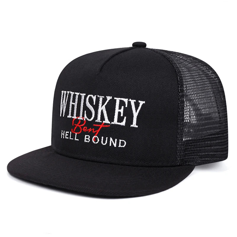 Simple and Creative New Mesh Hat Whiskey Embriodered Hip Hop Hat Outdoor Sunshade Hat Daily Leisure Flat Edge Baseball Hat