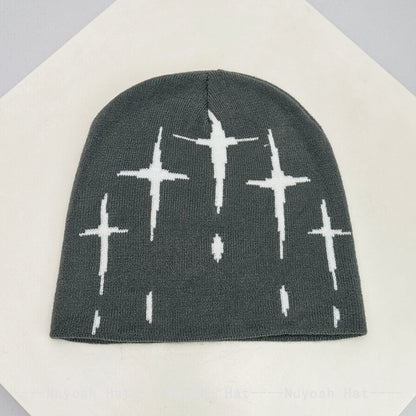 New Men Women Color Block Jacquard Cross Star Knitted Hats