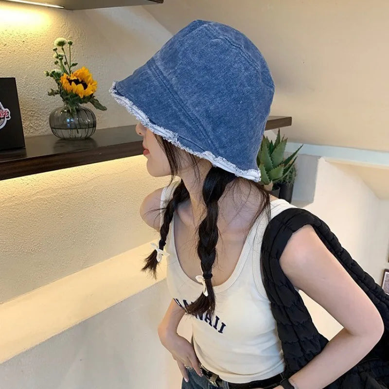 Retro Denim Washed Bucket Hat For Women Fashion Bob