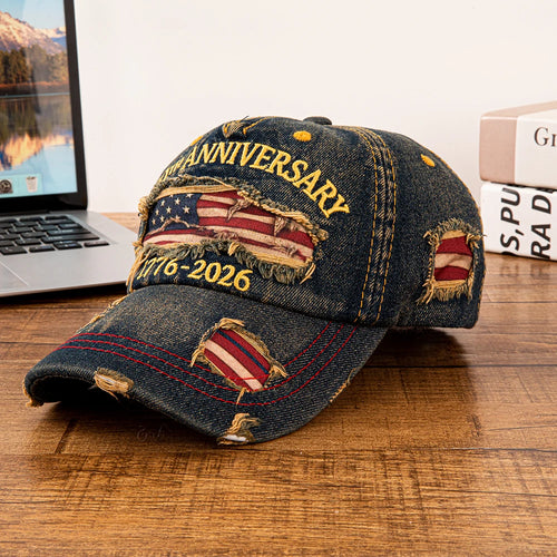Vintage USA Flag 250th Anniversary 1776-2026 Distressed Denim Baseball Cap