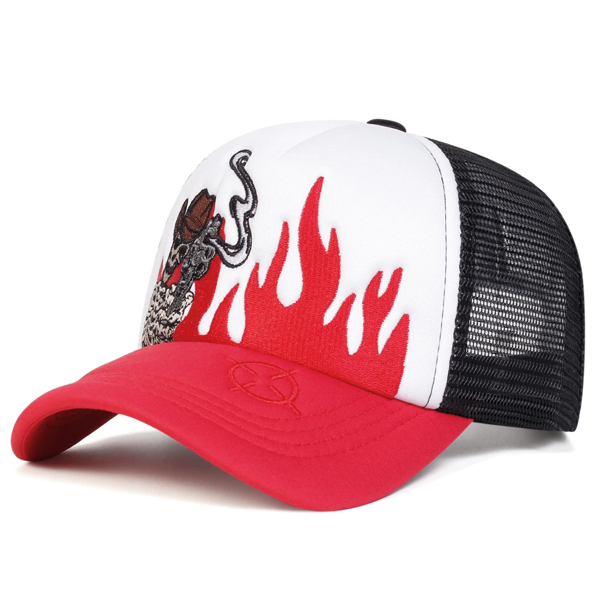 Unisex Skull Flame Embroidery Baseball Net Caps Spring and Summer