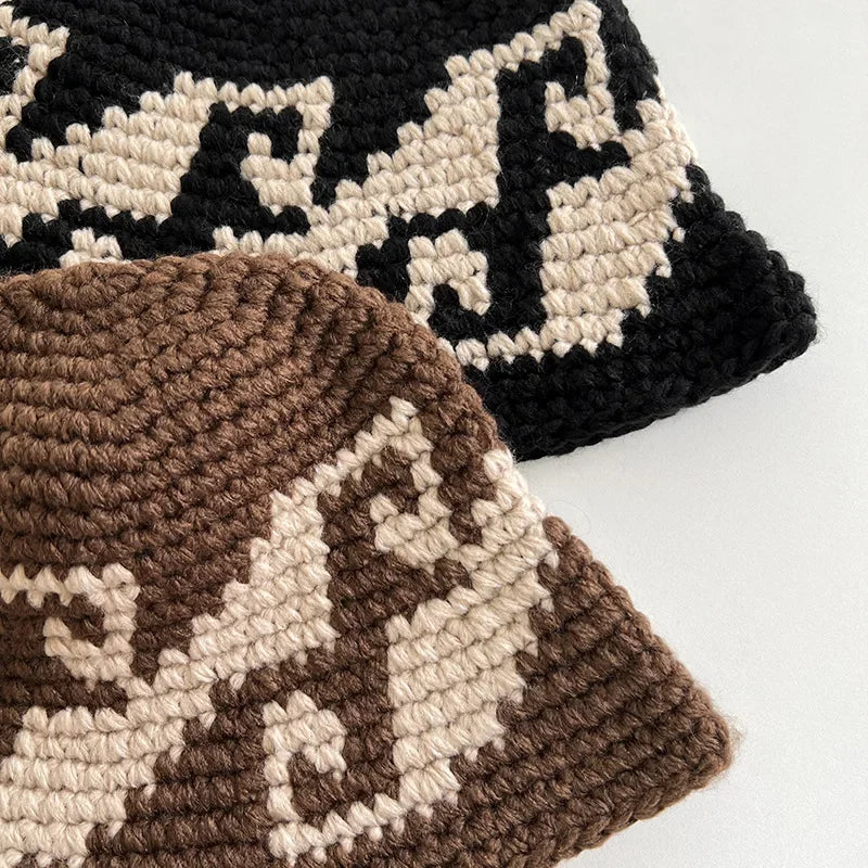 Korean Autumn Winter Retro Crochet Knitted Wool Bucket Hat Women