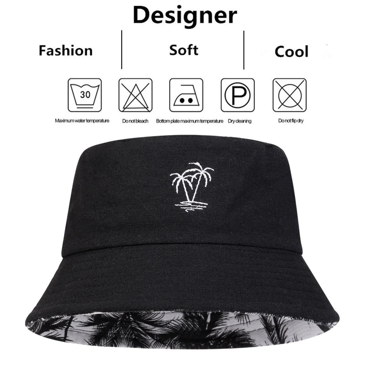 Unisex Coconut Tree Embroidery Double Sided Wearing Bucket Hats Fishermen Caps Outdoor Casual Cap Sunscreen Hat