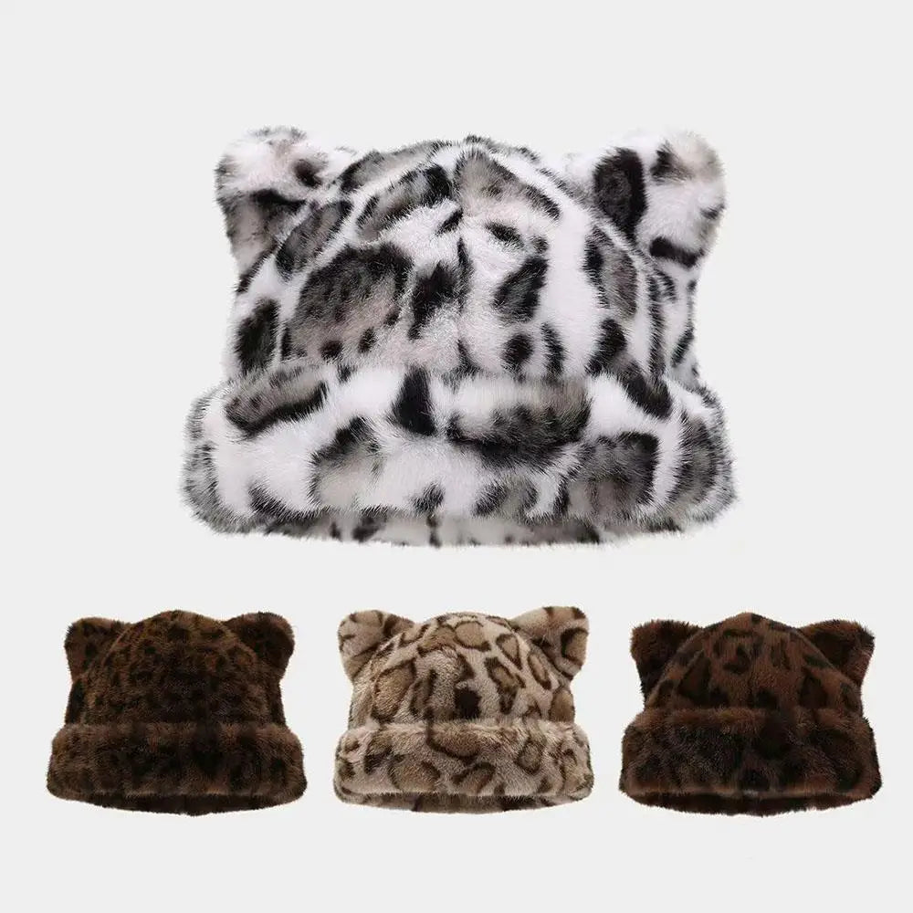 Winter Plush Teddy Bear Hat For Women Leopard Print Ear Protection Cap