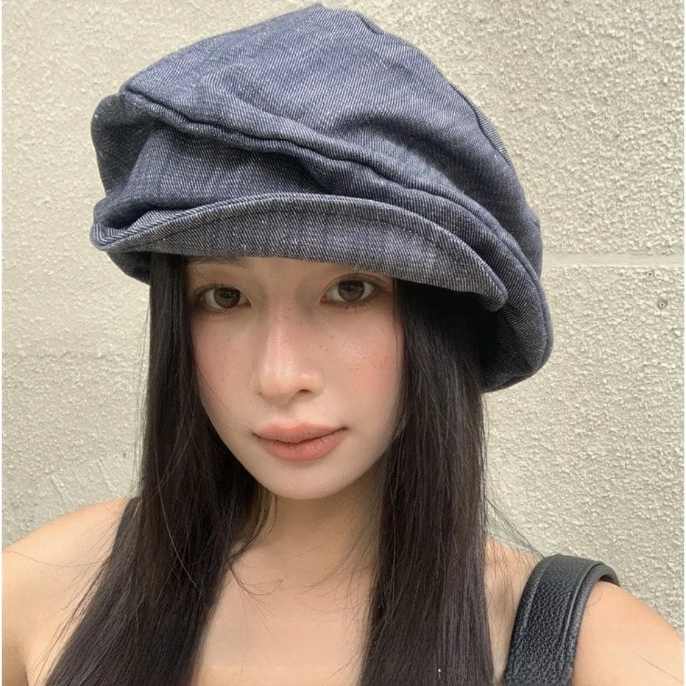 Vintage Japanese Denim Beret Cloth Cloud Octagonal Cap Big Head