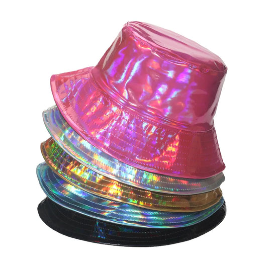 Silver Gold Bucket Hats Laser Metal PU Fisherman Hat
