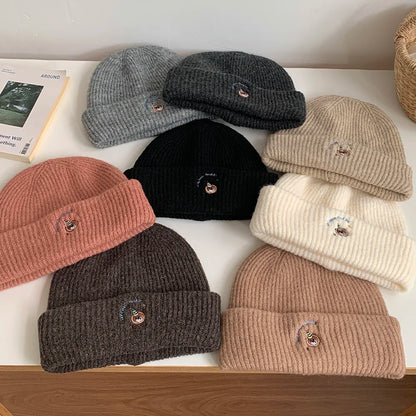 ‌2025 New Autumn Winter Bear Embroidery Windproof Pullover Beanie Hat