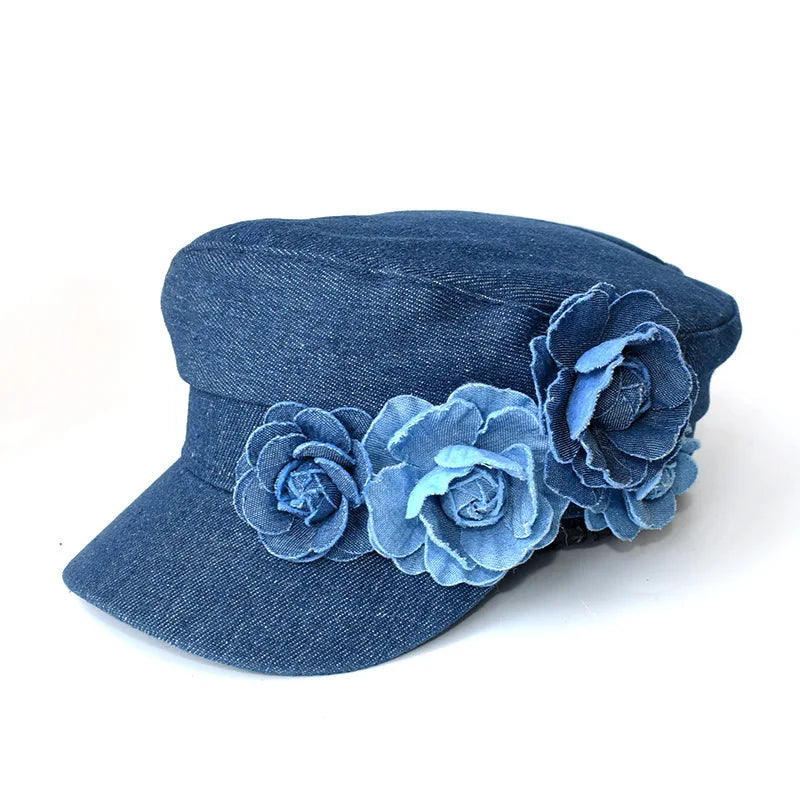 Denim Beret Three-Dimensional Flower Sun Hat