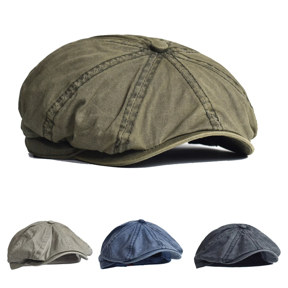 Washed Cotton Newsboy Cap Peaky Octagonal Hat Vintage Casual Cap