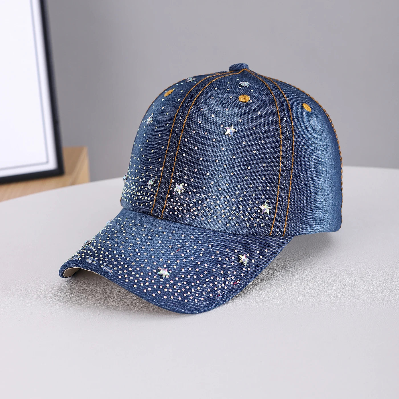 Mini Star-Studded Gradient Rhinestone Sky-Patterned Denim Frayed Baseball Cap