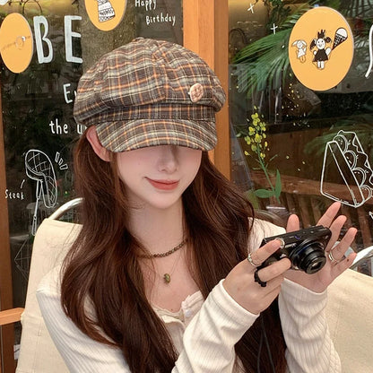 Women College Style Plaid Beret Korean Versatile Face Small Bud Painter Hat