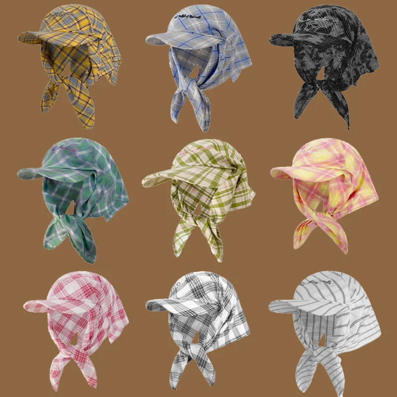 Vintage Plaid Strap Headscarf Hat Sunscreen Baseball Cap
