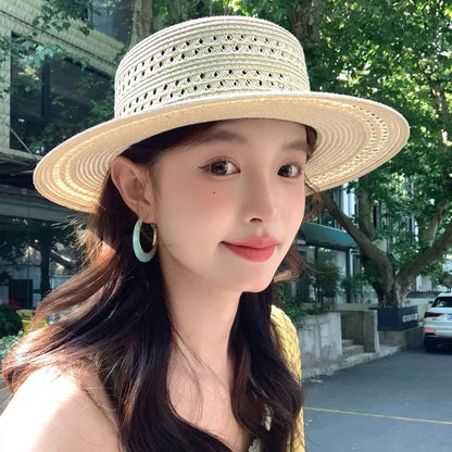 Woven Flat-Top Straw Hat For Women Summer