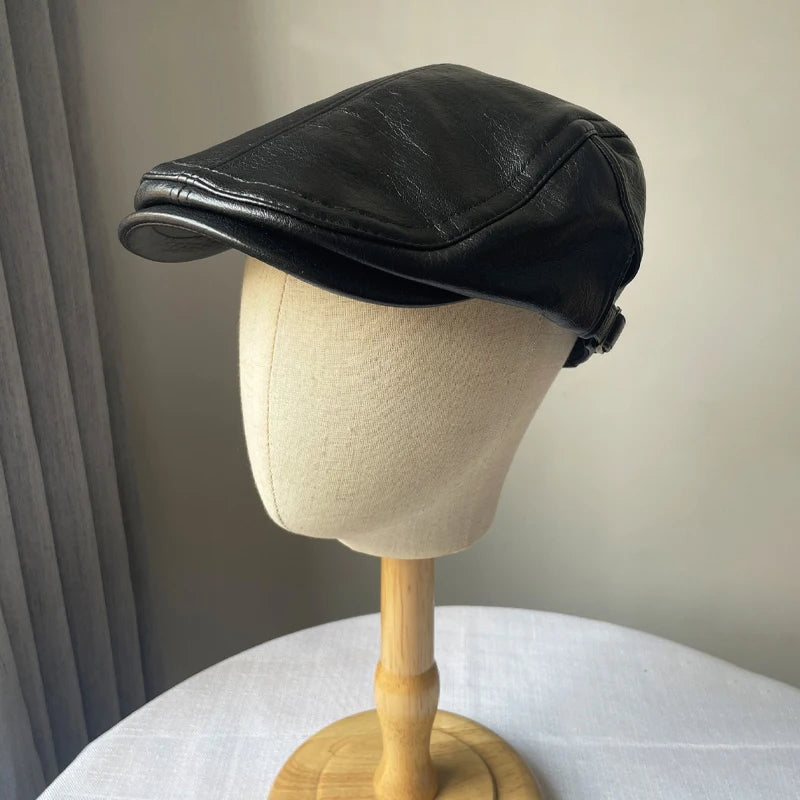 American Retro Leather Plain Baker Boy Hat For Women Autumn Winter Unisex Beret