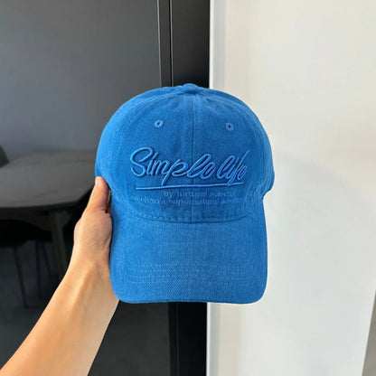 Retro Blue Embroidered Letter Wide Brim Baseball Cap Korean Style Sunshade Outdoor Sports Circumference Hat