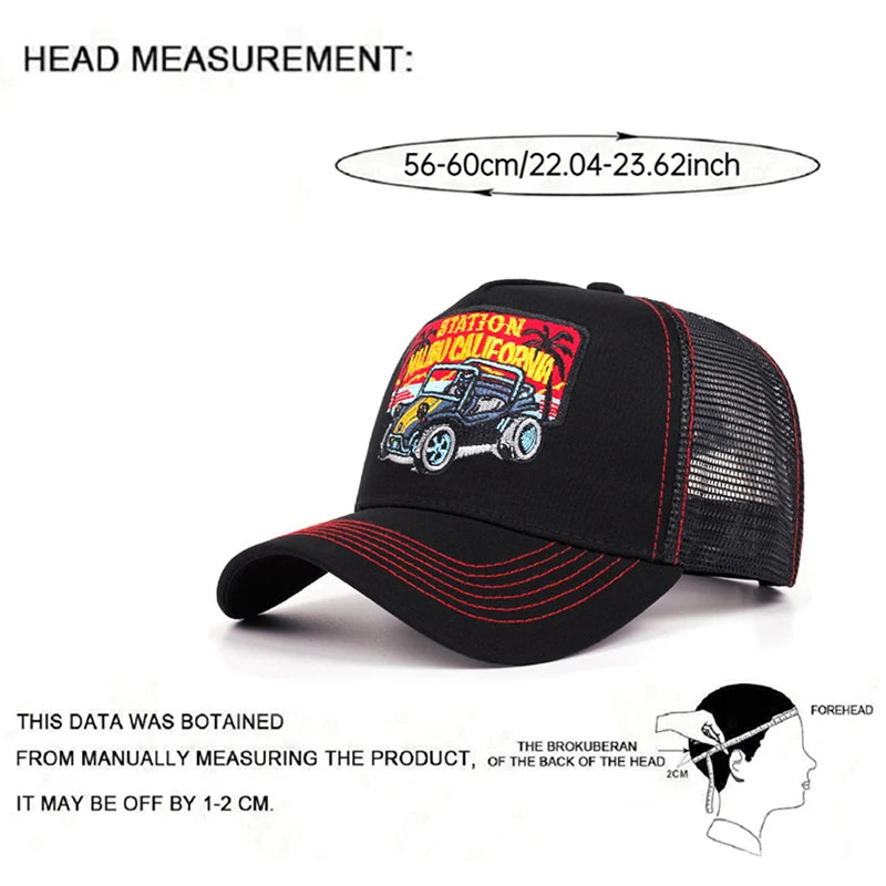Creative Personalized Mesh Hat Coconut Tree Retro Convertible Car Embroidery Baseball Hat