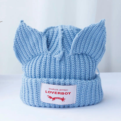 Lover Boy Cat Ear Knit Hat Solid Warm Pig Ear Woolen Hat