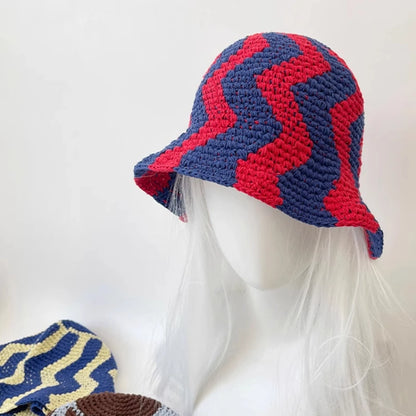 Korean Retro Contrasting Color Wide Wavy Knitted Bucket Hats