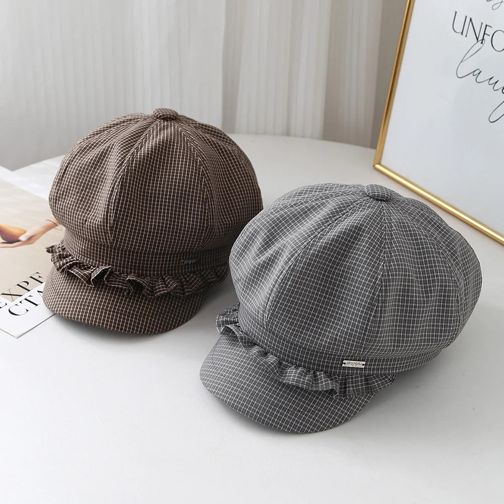 Striped Plaid Octagonal Cap Women Beret