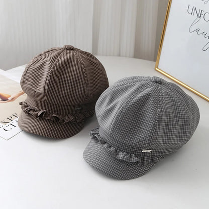 Striped Plaid Octagonal Cap Women Beret