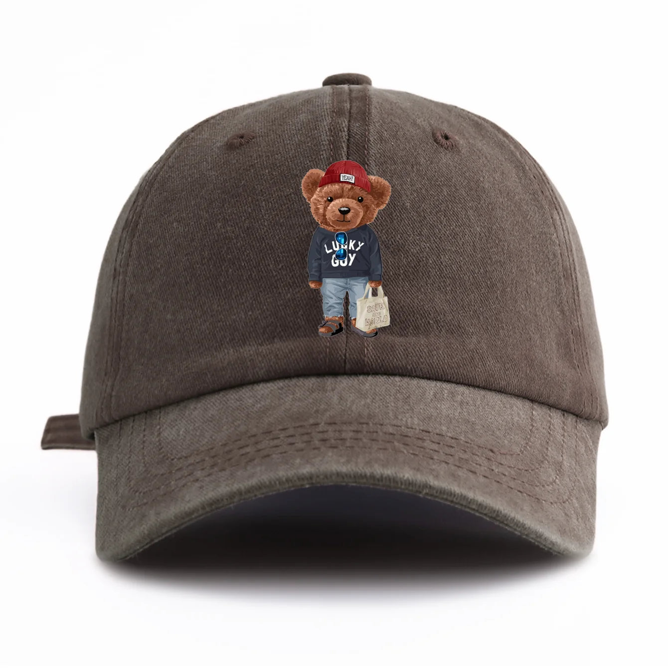 1pc Tote-bag Bear Print Washed Baseball Cap for Adults