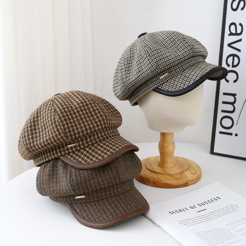 Women's Vintage Newsboy Hat - Retro Plaid Octagonal Beret Cap