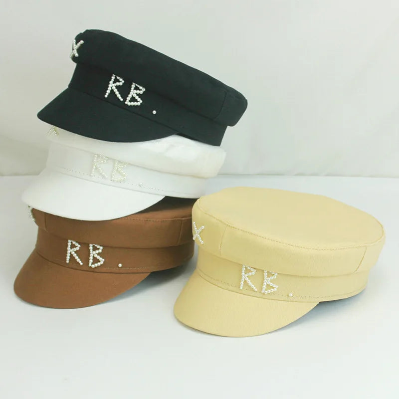 Luxury Women Pearls RB Letter Militray Hat Fashion Streetwear Navy Hat