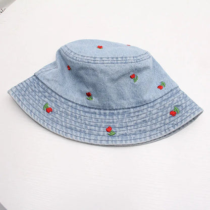 Summer Embroidery Cherry Washed Denim Bucket Hat For Women