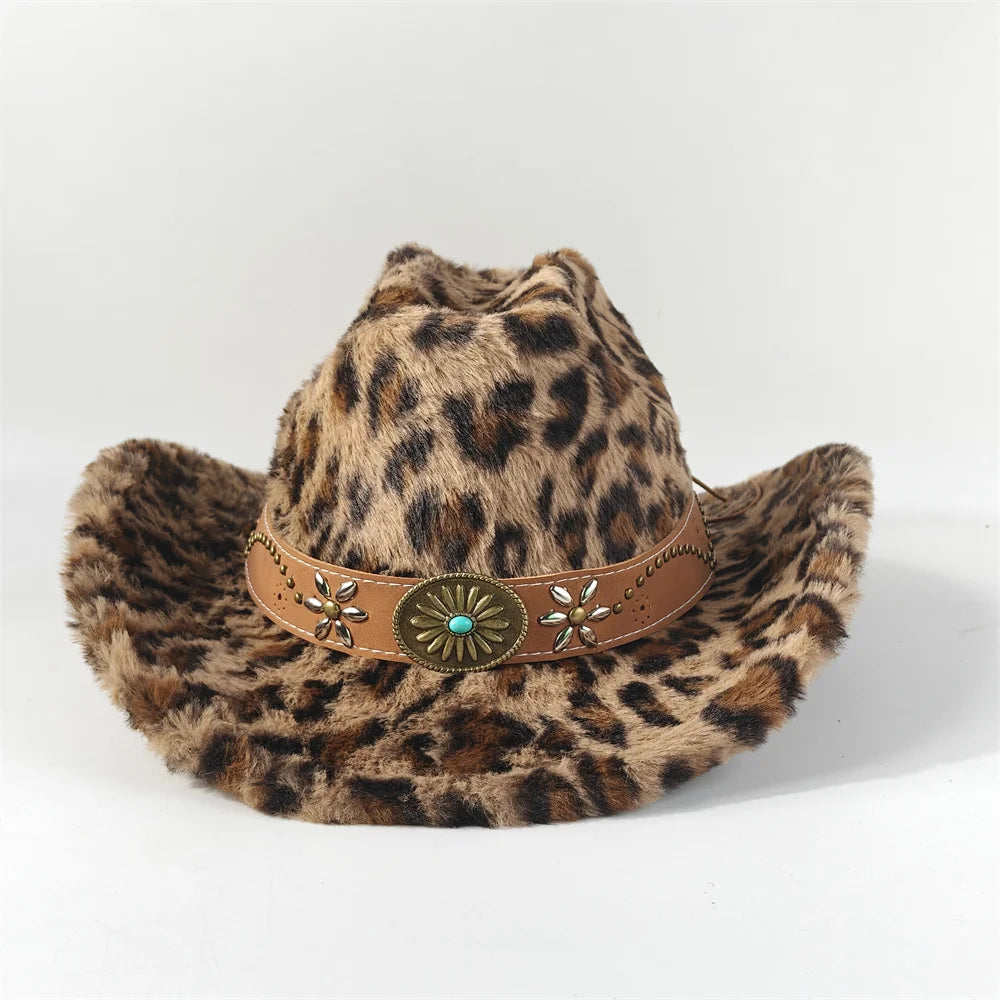 Leopard Print Rabbit Fur Cowboy Hat 7.5cm Western Cowboy Fedora