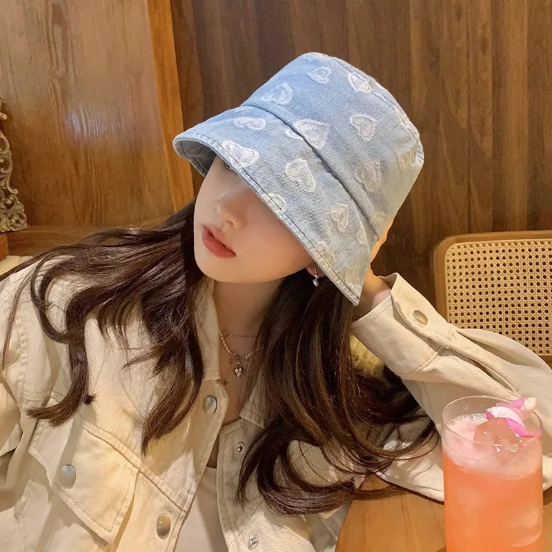 Love Heart Print Denim Bucket Hats for Women