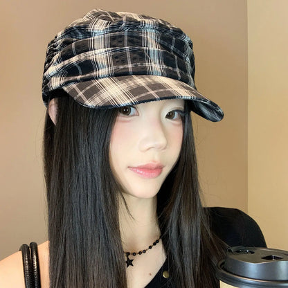 Vintage Checkered Pleated Cap Women's