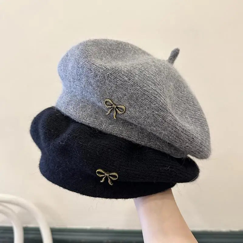 ‌Korean-Style Metal Bow Knitted Beret Women's Autumn/Winter