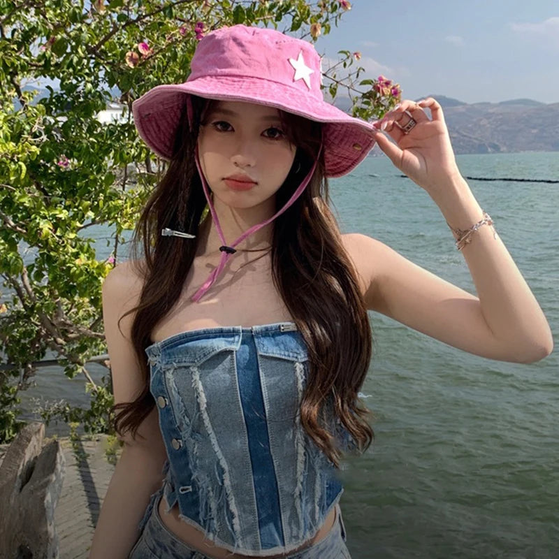 Pink Star Print Western Bucket Hat for Women