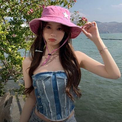 Pink Star Print Western Bucket Hat for Women