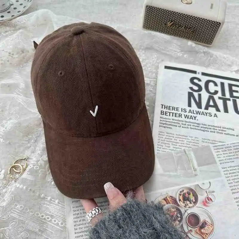 Vintage Washable Cotton Baseball Cap Unisex Face Slimming Wide Brim Embroidered