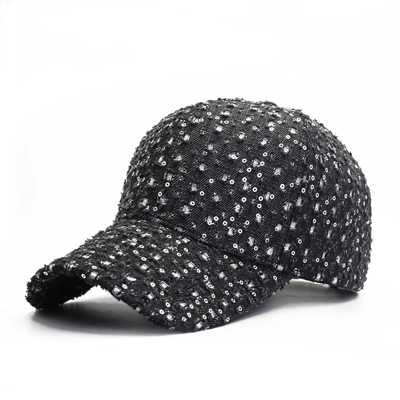 New Fashion Women Sequin Hat Denim Perforated Baseball Cap