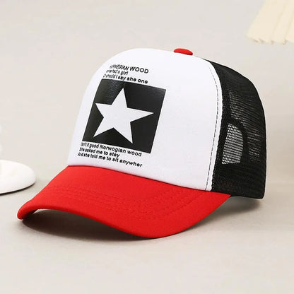 Summer Mesh Baseball Cap Fashion Star Printed Adjustable Baseball Hat Ponytail Cap Unisex Outdoor Sports
