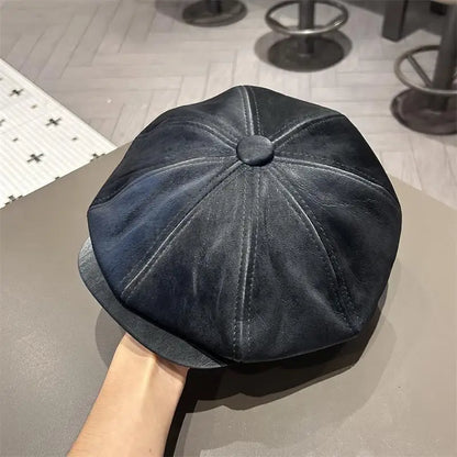 Vintage Distressed Leather Baker Boy Cap
