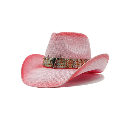 Western Thick Cowboy Hat Retro Pink Gradient Straw Hat