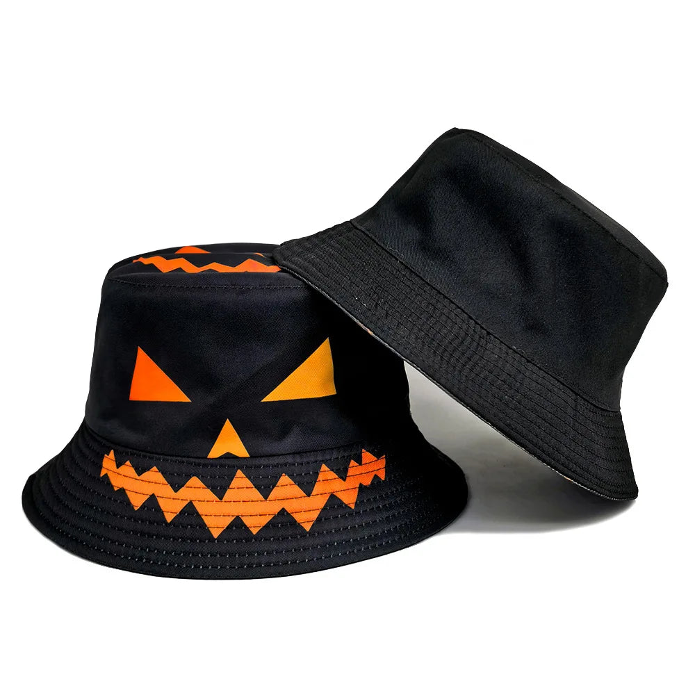 Halloween Decoration Bucket Hat Black Orange Pumpkin Jack O Lantern Fisherman Cap Spooky Party Cosplay Panama Hat