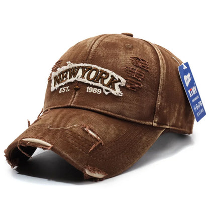 Letter New York Broken Hole Baseball Cap Washed Cotton