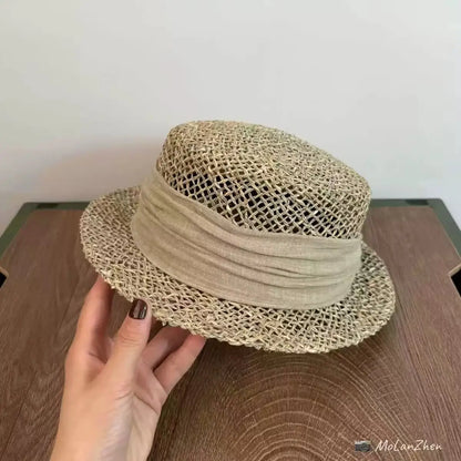 French British Retro Seaweed Woven Hollow Straw Top Hat