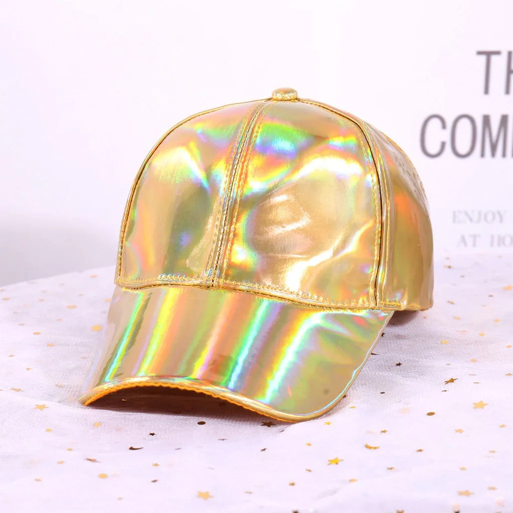 Adjustable Shiny Hat Breathable Holographic Pu Leather Baseball Cap