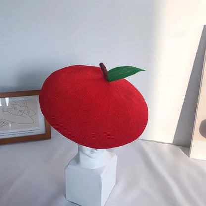 Adult Red Apple Spring Autumn Breathable Knit Beret Fruit Painter Hat Female
