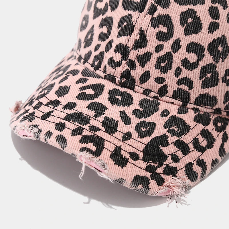 Leopard Print Baseball Cap For Women Men Distressed Washed Denim