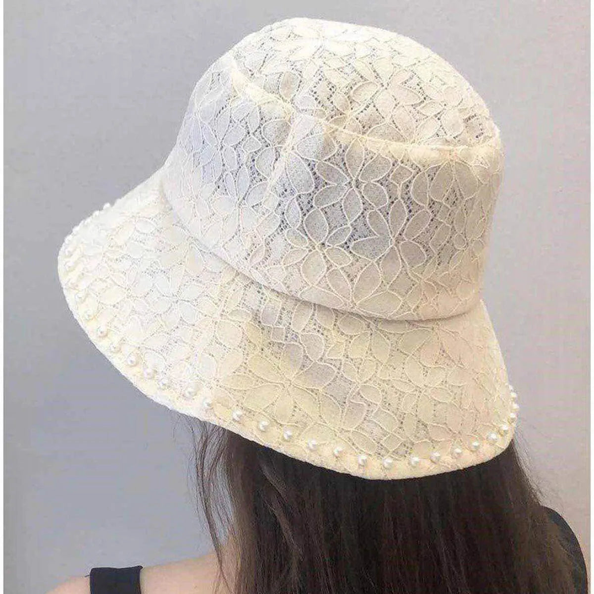 Lace Fisherman's Hat Temperament Pearl Bucket Hat Sunscreen Hat Female Show Face