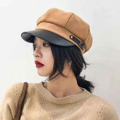 Winter Beret Newsboy Hat For Women Vintage Soft Woolen Octagonal Cap