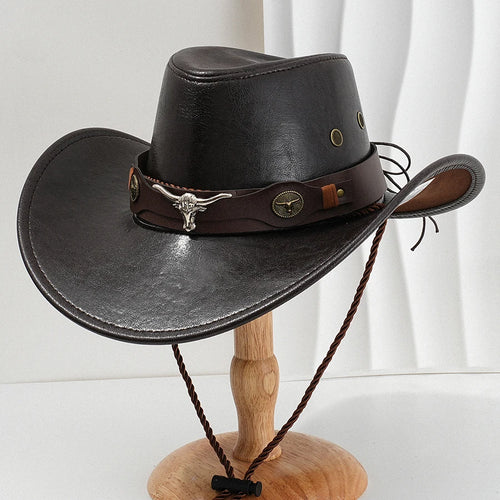 Unisex Vintage Faux Leather Western Cowboy Hat Outdoor Gentleman Cowgirl Jazz Cap